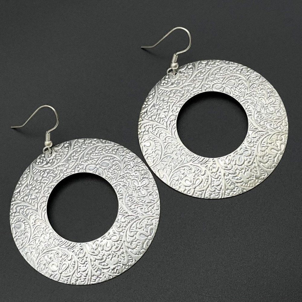 Silver Cut Out Round Floral Embossed Textured Open Hoop Dangling Hook Earrings